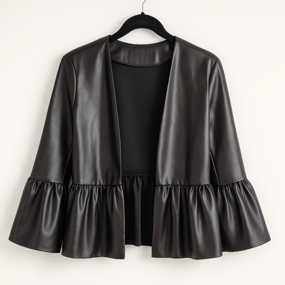 Black Faux Leather Ruffle Hem Bell Sleeve Jacket — Size Small